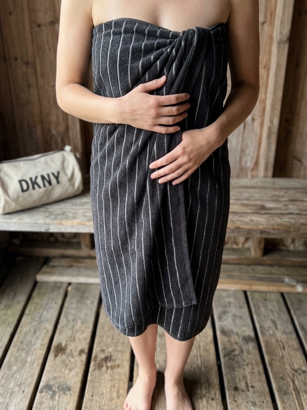 DKNY Charcoal Pinstripe Strapless Wrap Dress